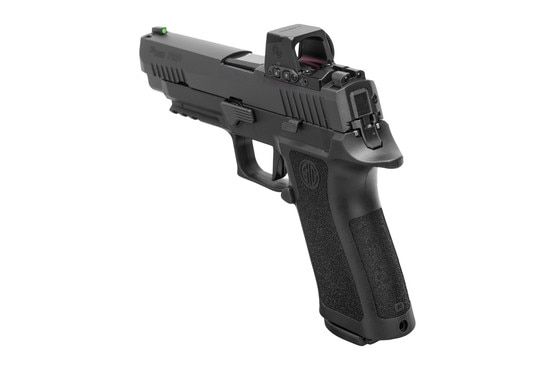 Full-size 9mm pistol with night sights and red dot.
